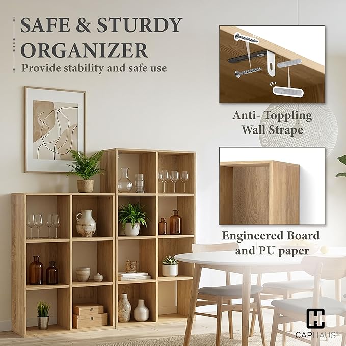 CAPHAUS 11-Inch Cube Storage Organizer Shelf, Home Storage Shelf Divider w/Back, 8-Cube Storage Bookcase, Natural Oak