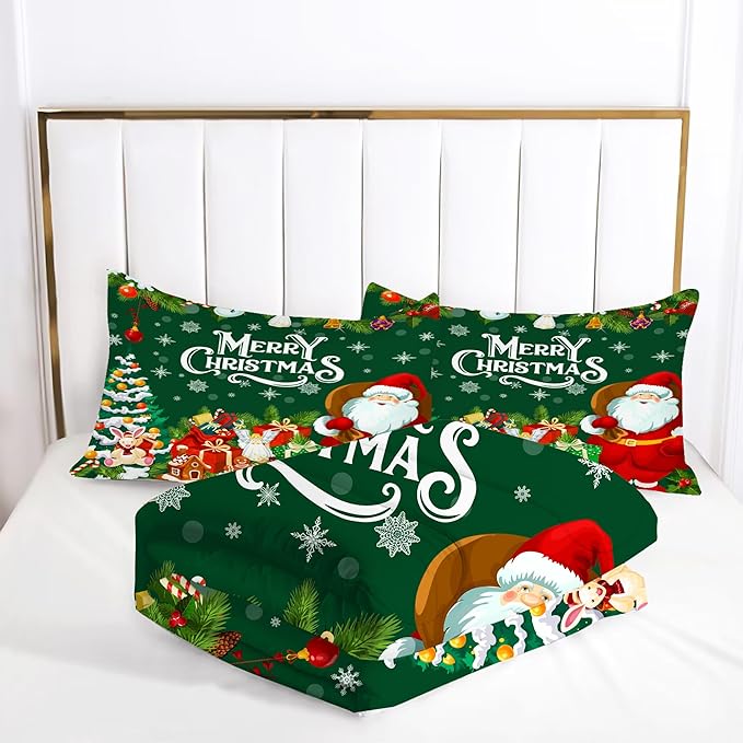 Green Christmas Comforter Twin: Merry Xmas Santa Claus Bedding Set for Kids Teen Girls Boys Christmas Tree Gifts Quilts Holiday Decor Bed Set 1 Comforter & 1 Pillowcase