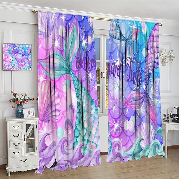 Dream Mermaid Curtain Colorful Mermaid Shell Ocean Theme Fantasy Blackout Curtains for Kids Boys Girls Bedroom Nursery Room Decor Rod Pocket Window Drapes 63x63in