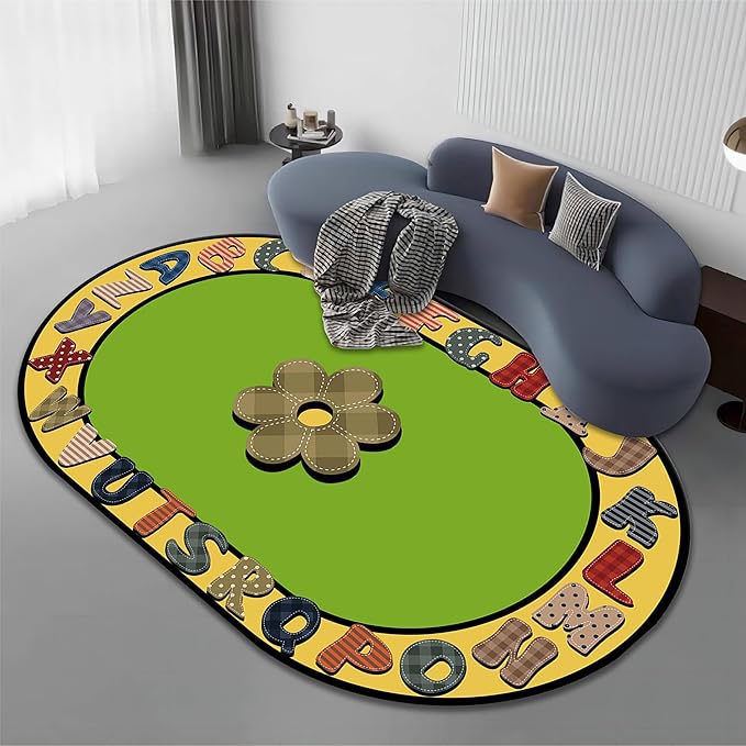 Children's Area Rugs, 6x8ft, Educational And Fun Rugs with ABC Alphabet, Early Learning Rug for Playroom Game Activity, Plaid Floral Non-Slip Soft Indoor Play Mat for Bedroom Nursery, Oval Rug