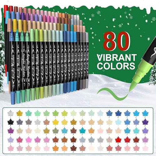 80 Colors Acrylic Paint Markers, Waterproof Dual Tip Acrylic Paint Pens with Brush and Fine Tip, Markers Set for Paper, Rock, Wood, Canvas, Glass, Ceramic and DIY Crafts Making Art Supplies