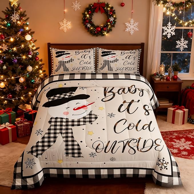 Kids Christmas Snowman Comforter Set King Size,Snowflake Winter Bedding,Girls Boys Adults Bedroom/Xmas Cabin Decor,Geometric Grids Lattice Down Comforter,Rustic Vintage Duvet Insert,2 Pillowcases