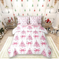 Manfei 7 Pieces Pink Bowknot Kids Comforter Full,Christmas Trees Pine Bow Tie Toddler Bedding Set,Merry Christmas Happy New Year Xmas（Comforter+Fitted+Flat Sheet+2 Pillowcases+2 Throw Pillow Covers）