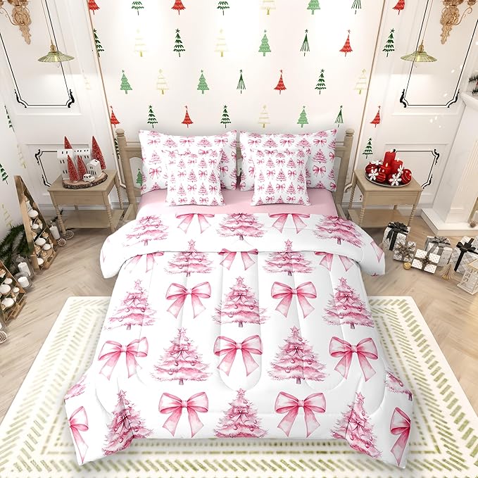 Manfei 7 Pieces Pink Bowknot Kids Comforter Queen,Christmas Trees Pine Bow Tie Toddler Bedding Set,Merry Christmas Happy New Year Xmas（Comforter+Fitted+Flat Sheet+2 Pillowcases+2 Throw Pillow Covers）