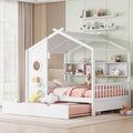 Full Size Bed Frames for Kids, House Bed with Trundle and Shelves, Wood Playhouse Platform Bed Frame with Window and Fence for Boys Girls, White, 74.4" L x 58" W x 72" H