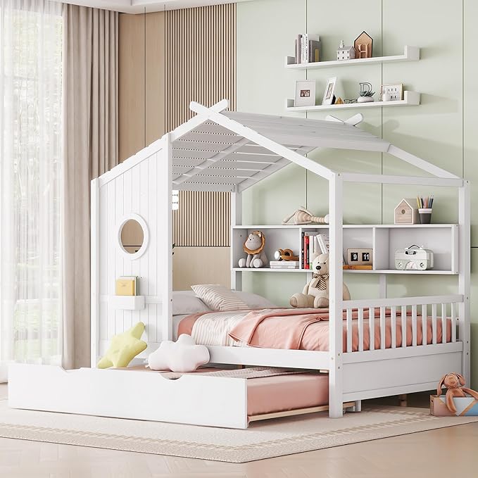 Merax Wood Full Multifunctional Montessori Daybed with Trundle/Storge Shelves, Low House Bed for Kids Boys Girls,Easy Assemble, White
