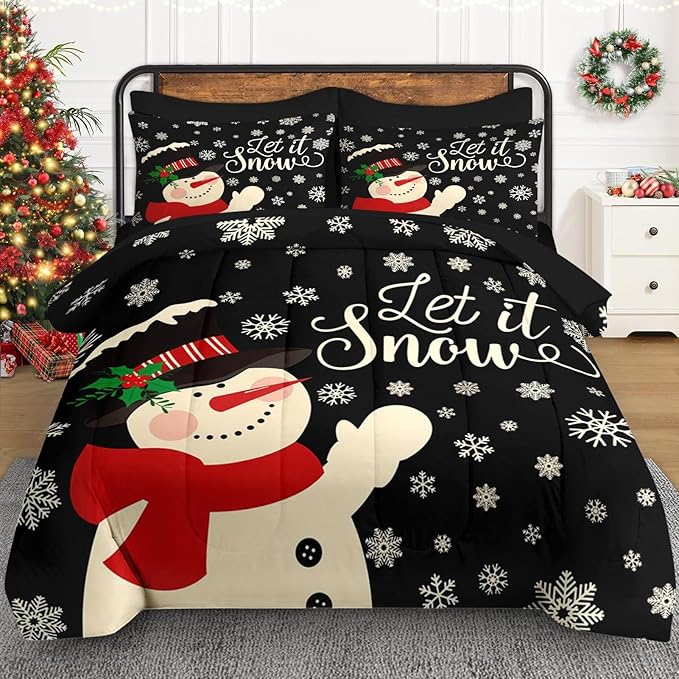 7 Pcs Full Size Christmas Comforter Set with 2 Pillowcases & 2 Shams, Black Cartoon Snowman Bedding for Kids and Adults, Retro Snow Scene Bed in a Bag with Flat Fitted Sheet