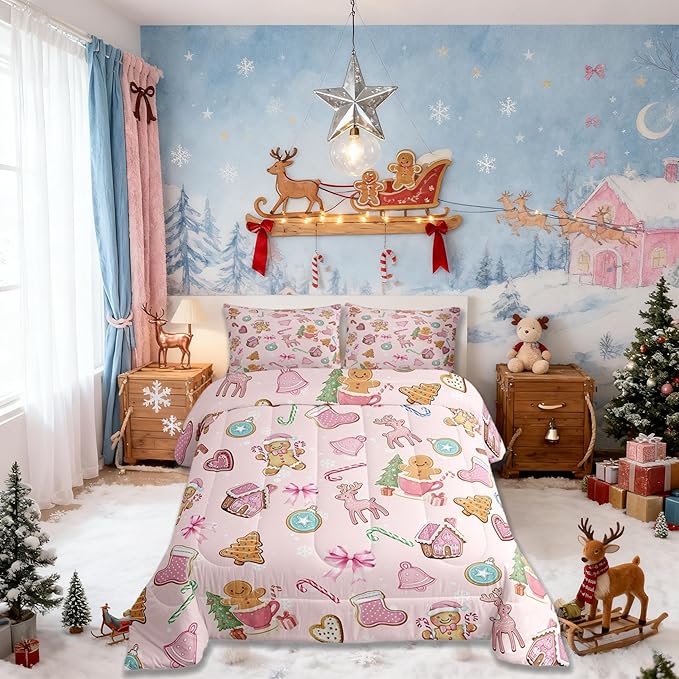 Merry Christmas Kids Comforter Set Twin Size,Gingerbread Man Elk Deer Bowknot Bedding Set Room Decor,Cute Girly Bow Tie Xmas Tree Quilt Comforter,Pink Colorful Duvet Set Bedroom Quilt Set,1 Pillowcase