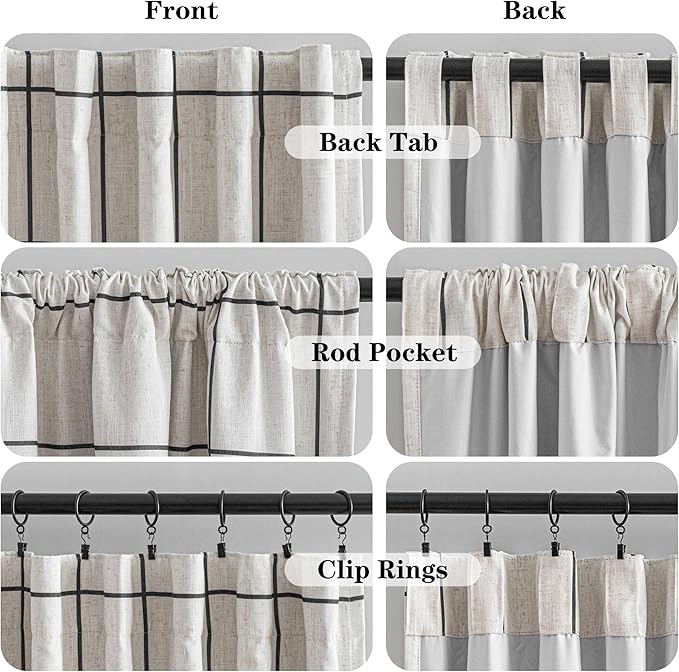 MYSKY HOME 100% Blackout Plaid Linen Curtains 45 Inches Long Double Layer Farmhouse Thermal Insulated Checkered Print Drapes with Rod Pocket Back Tab for Small Window, 2 Panels, 52" Wide, Black
