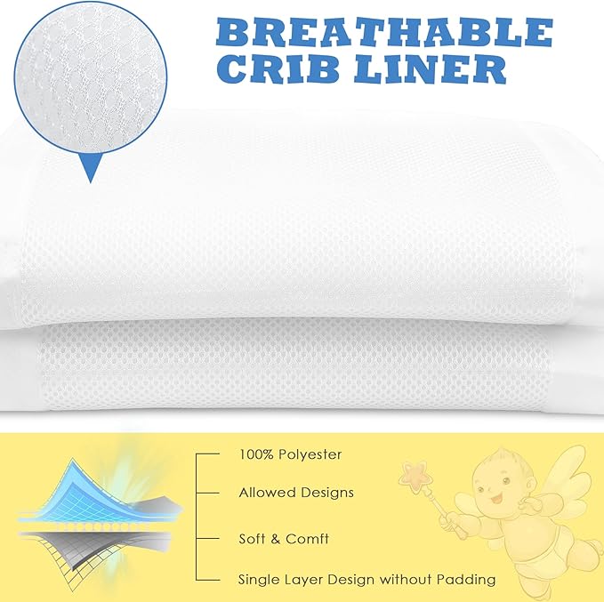 Upgraded Breathable Mesh Liner for 2 Solid Ends Crib, Standard Length, More Straps for Fixing Liner, Protects Legs and Arms, 3mm Breathable Mesh, Not Fits 4 or 3 Sides and Mini Crib, White