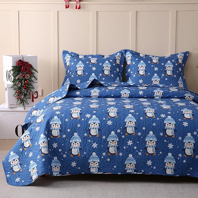 JSD 2 Pcs Kids Christmas Quilt Set Twin Size, Blue Penguin Christmas Theme Bedding, Soft Microfiber Bedspread Coverlet Holiday Quilted Blanket