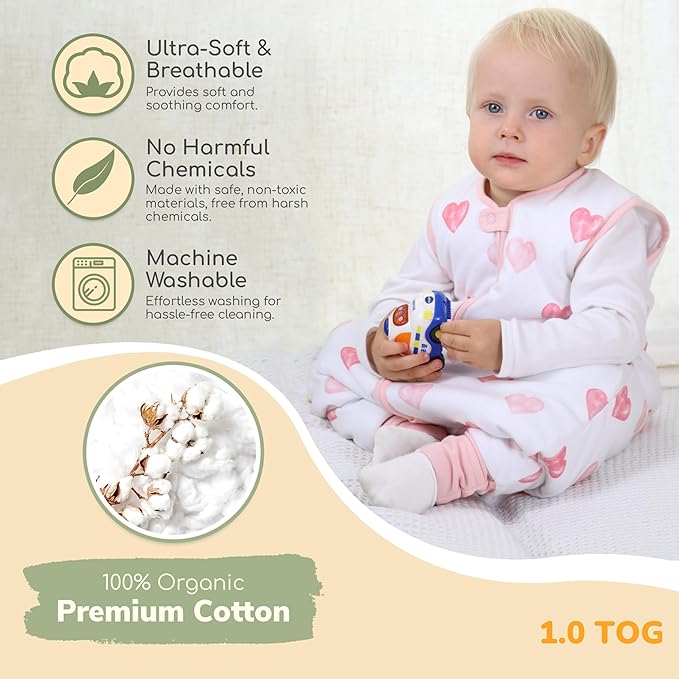 Mama Cheetah Toddler Sleep Sack with Feet 2T, 1.0 TOG Organic Cotton Baby Wearable Blankets with Legs, Baby Sleeping Bag for Walkers, Early Walker M
