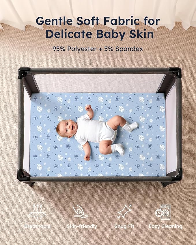 Pack and Play Sheets Fitted, 3 Pack Soft Stretchy Baby Mini Crib Sheets for Pack N Play Mattress and Portable Playard Sheets for Boys and Girls Blue Stars Koala