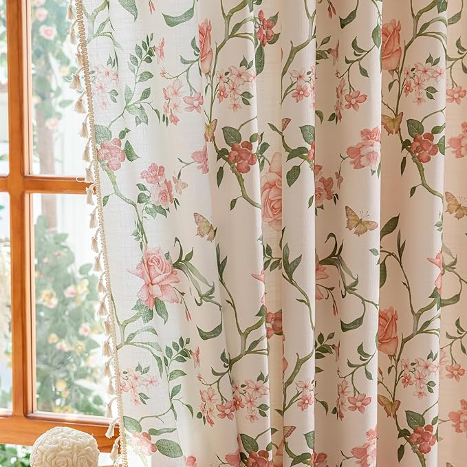 ENJOYBRIDAL Pink Floral 63 Inch Curtains for Bedroom Living Room Drapes Semi Sheer Boho Rod Pocket Short Window Curtains 2 Panel Sets Farmhouse Light Filtering Vintage Cute Window Treatments