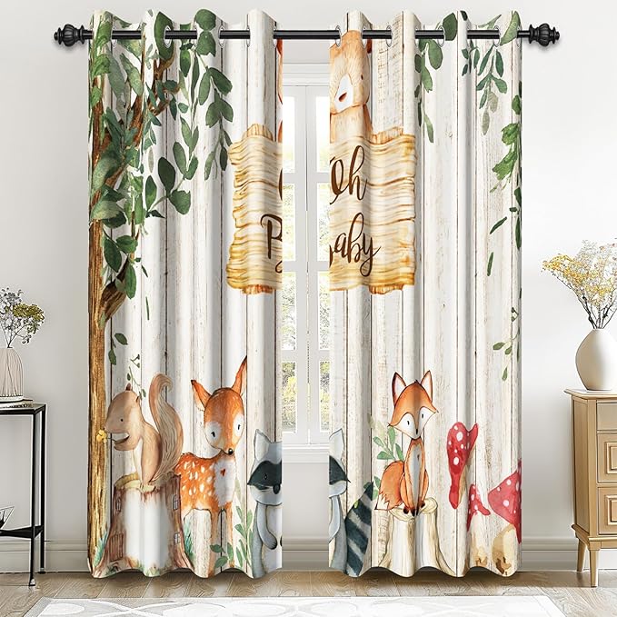 Renaiss 52 x 84 Inch African Safari Baby Curtains Grommet Blackout Window Curtain Planks Animals Tropical Tree Stump Fox Squirrel Mushrooms Print Window Treatment for Kids Boys Bedroom Decor 2 Panels