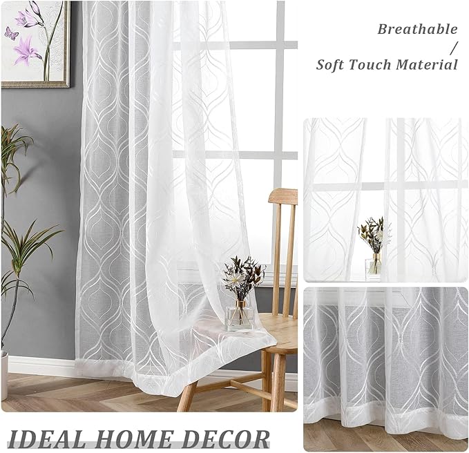 VISIONTEX White Sheer Curtains 120 Inches Long 2 Panels Set Moroccan Embroidered Curtains Trellis Decor French Textured Rod Pocket Voile Tulle Semi Window Drapes for Bedroom Living Room 54 x 120 Inch