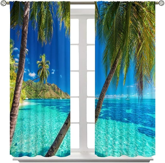 Ocean Beach Curtains,Sunshine and Beach Hawaiian Seaside Scene Pattern Blackout Print Home Bedroom Living Room Window Treatments 2 Panel Set 55x63 Inch