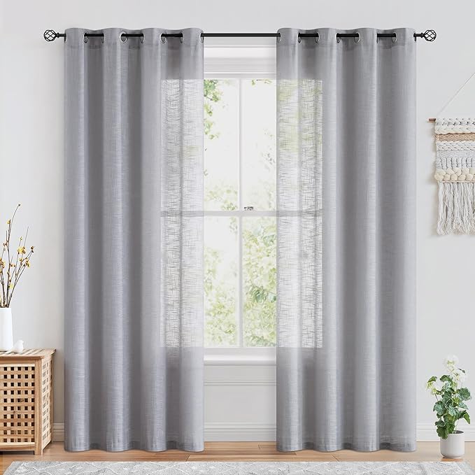 FMFUNCTEX Linen Semi Sheer Curtains for Bedroom, Grey Curtains 96 Inches Long for Living Room, Country Farmhouse Sheer Drapes, Light Filtering Window Curtain, Grommet Top 2 Panels