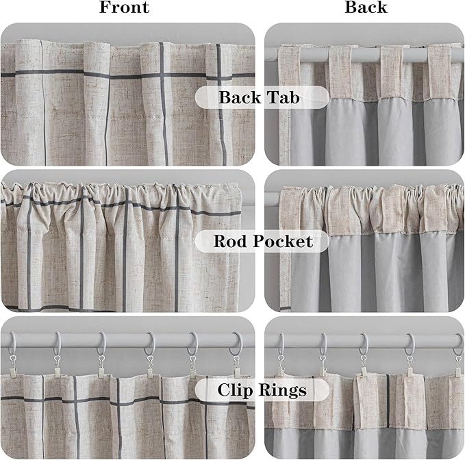 MYSKY HOME 100% Blackout Plaid Linen Curtains 72 Inches Length Double Layer Farmhouse Thermal Insulated Striped Print Drapes with Rod Pocket Back Tab for Bedroom Living Room, 2 Pcs, 52"Wide, Deep Grey