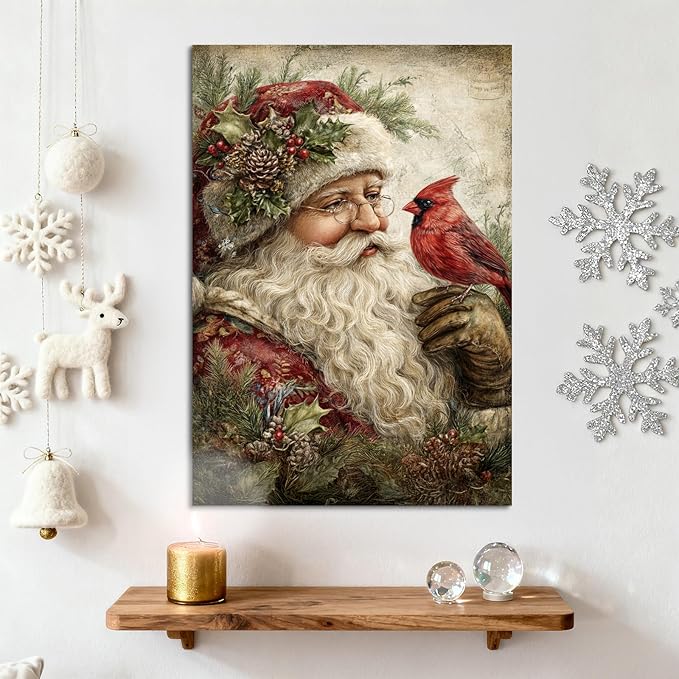 YONICA Christmas Canvas Wall Art Santa with Cardinal 18x24 Inch Vintage Style with Red Bird - Large Framed Gallery Wrapped Wildlife Art