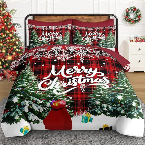 7 Pcs Queen Size Christmas Comforter Set with 2 Pillowcases & 2 Shams, Green Cartoon Trees Bedding for Kids and Adults, Black Red Plaid Bed in a Bag with Flat Fitted Sheet