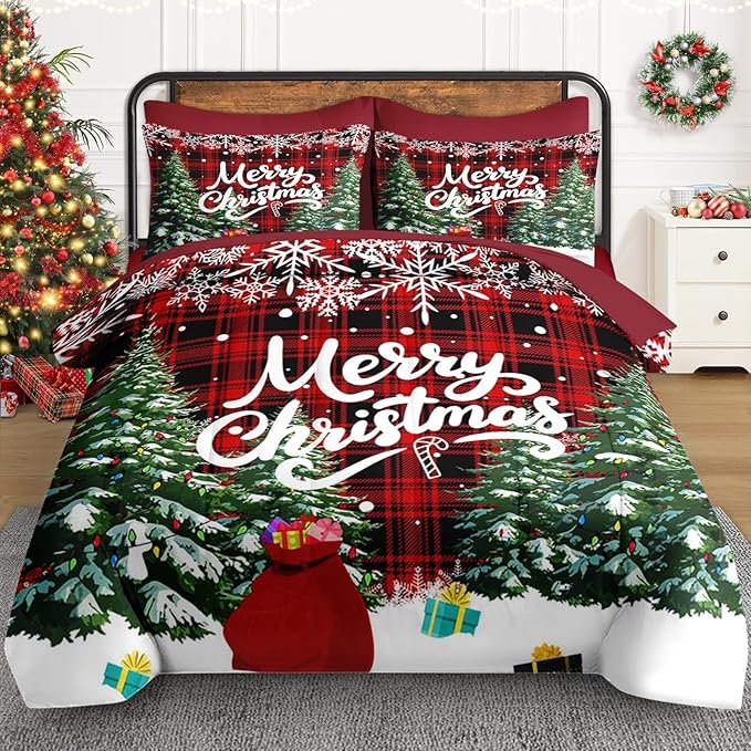 7 Pcs Full Size Christmas Comforter Set with 2 Pillowcases & 2 Shams, Green Cartoon Trees Bedding for Kids and Adults, Black Red Plaid Bed in a Bag with Flat Fitted Sheet