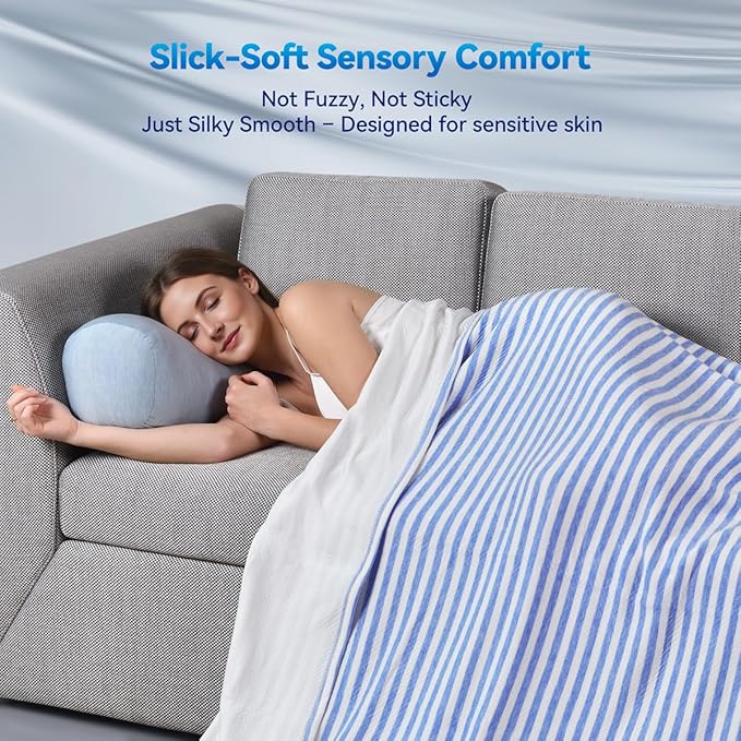 KAWAHOME 3D Air Mesh Cooling Lightweight Summer Blanket Twin Size for Hot Sleepers, Double-Layer Rayon Material and Breathable Stretchy Blankets for Bed, Couch, 66x90 inches, Blue Striped