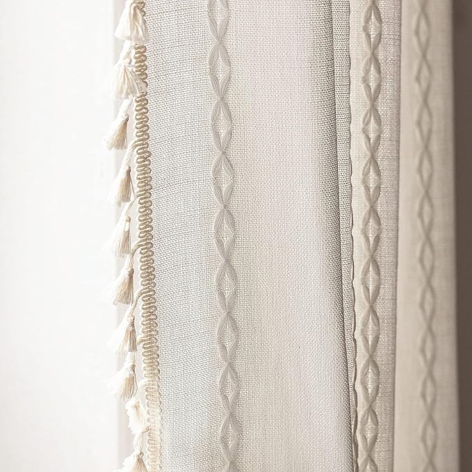 Deeprove White Boho Curtains 90 inches Length for Living Room Bedroom Nursery, Vintage Bohemian 90 inches Long Embroidery Farmhouse Light Filter Country Tassel Window Treatments, W52 x L90, 1 Panel