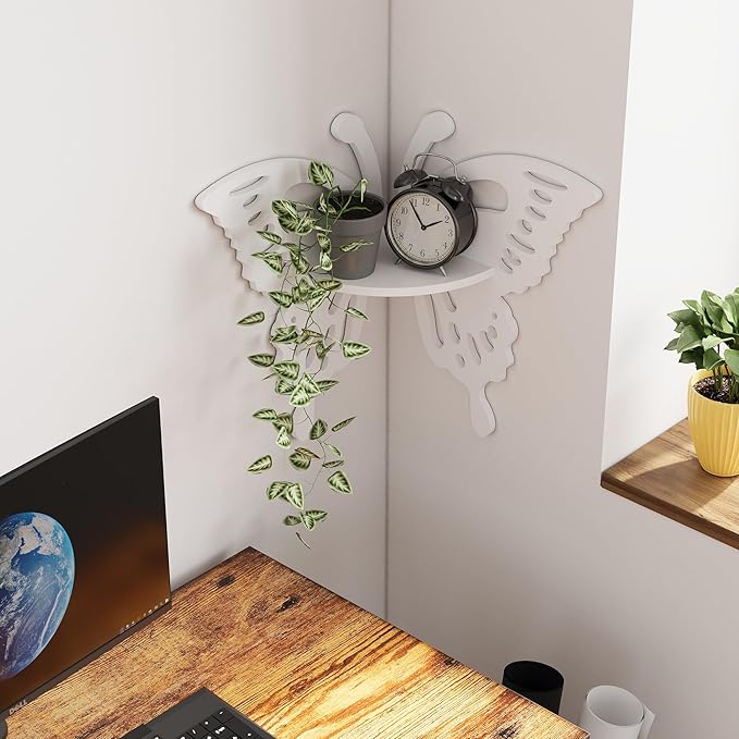 Butterfly Corner Shelf Nursery Wall Deor Floating Corner Shelf for Kid’s Room, Small Cute Decorative Shelf Wall Mounted, White Hanging Hollow Out Shelf for Toys, Plants and Decorations Storage, White