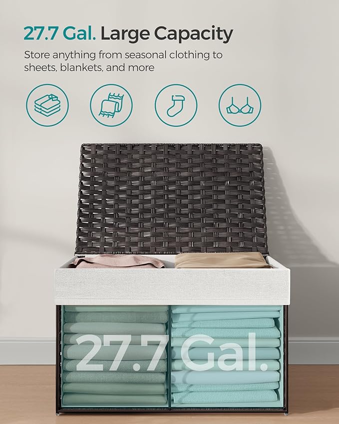 SONGMICS Storage Basket with Lid, 27.7 Gallon (105L) Storage Bin, Woven Blanket Storage Basket with Handles, Foldable, Removable Liner, Metal Frame, for Bedroom, Laundry Room, Brown URST066K01