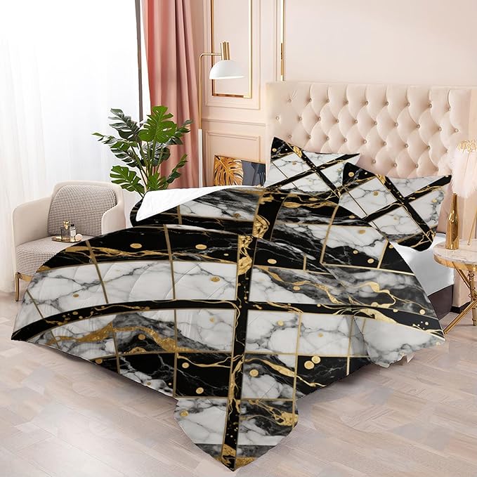Black and White Marble Comforter: Queen Size Geometric Abstract Bedding Sets Gold Lines Marbling Quilts for Bedroom Decor 3PC Bed Set 1 Comforter & 2 Pillowcases