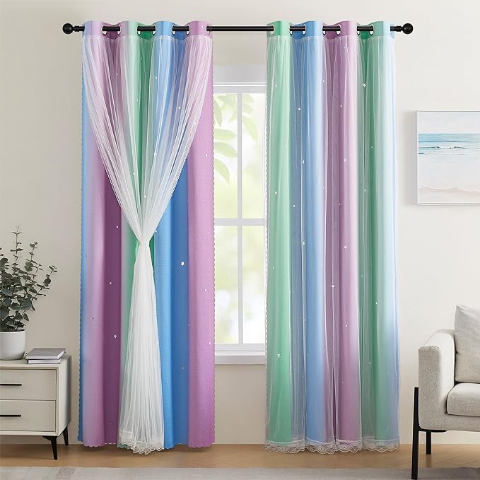 XiDi Green Purple Blue 90 Inches Curtains for Girls Bedroom 2 Panels Set, Blackout Rainbow Curtains for Kids Room Decor, Unicorn Wall Decals Drapes for Little Girl Nursery Room 34 Inches Wide