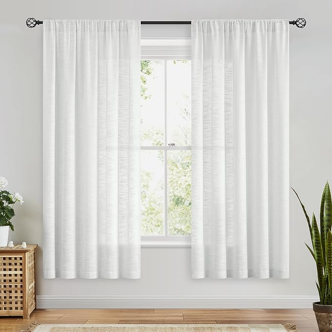 FMFUNCTEX Linen Semi Sheer White Curtains for Bedroom Living Room, Curtain Panels 63 Inch Length Sheer Linen Textured Window Drapes Farmhouse Light Filtering 2 Panels Rod Pocket