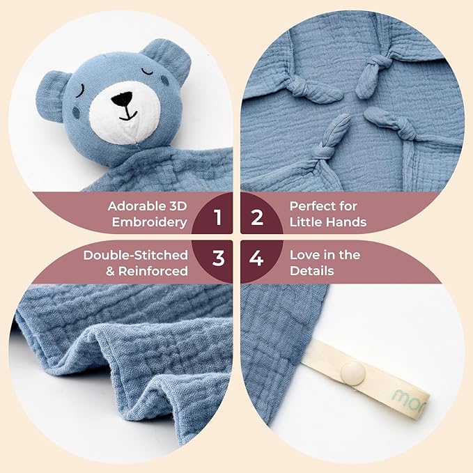 Momcozy Bear Loveys for Babies with Cotton - Soft Security Blanket for Boy or Girl for Self-Soothing On-The-Go-Portable & Anti-Drop Design - Newborn Gift，Must Have（Blue 14 inch）