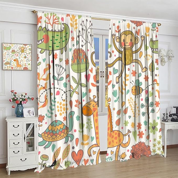 Cute Monkeys Curtains, Zoo Theme Cartoon Funny Animals Crocodile Giraffe Turtle with Flowers Print Thermal Insulation Window Drapes for Kids Boys Girls Baby Bedroom Living Room 55x63in