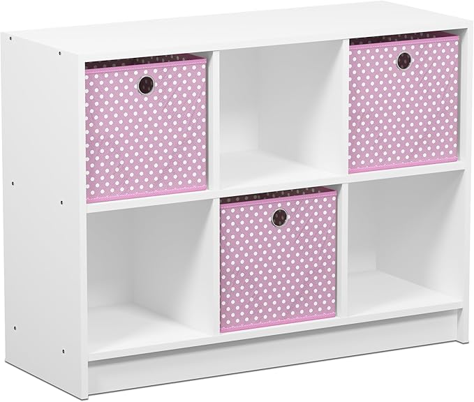 Furinno BASIC Book Shelf, 6-Cube Bookshelf, 3 x 2 Bookcase with Storage Bins, 11.9 x 31.6 x 23.6, for Living Room, Bedroom, Home Office, White/Pink