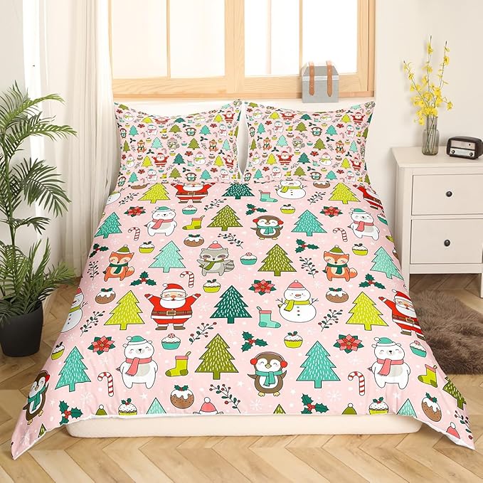 Manfei Christmas Duvet Cover Set Queen Size, Santa Claus Xmas Trees Animals Snowman Bedding Set 3pcs for Kids Girls, New Year Comforter Cover Soft Polyester Quilt Cover with 2 Pillowcases,No Comforter
