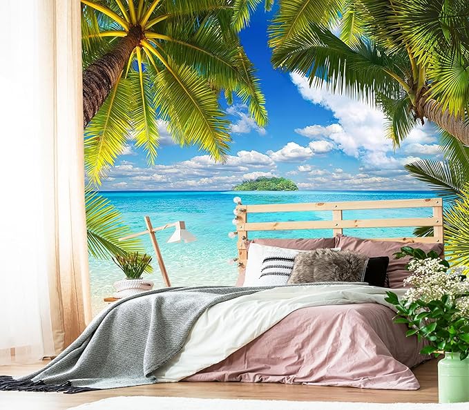 XMPMBM-Beach Palm Tree backsplash Large Decorative Wallpaper Tropical Palm Leaf Bedroom Bathroom Wall Mural- W 88" X H 59"（36 Square Foot）