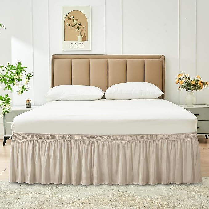 Biscaynebay Wrap Around Bed Skirts for Full & Full XL Beds 12" Short Drop, Light Camel Adjustable Elastic Dust Ruffles Easy Fit Wrinkle Resistant Silky Luxurious Fabric Machine Washable