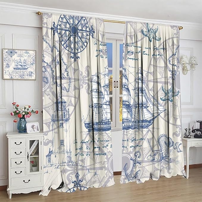 Nautical Sailboat Map Curtain,Ship Compass Lighthouse Anchor Decorative Curtain Polyester Fabric Waterproof Bedroom Curtain Set 2 Panels,42x54 Inches