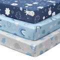 Baby Mini Crib Sheets Boy, Portable 38”x26” Pack and Play Sheets Fitted for Playard and Pack N Play Mattress, 3-Pack Soft Microfiber Blue Cloud Animals