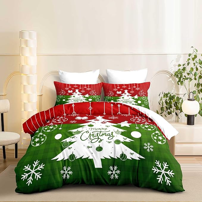 Red Christmas Duvet Cover King Size Green Christmas Tree Gingham Bedding Set Kids Boys Girls Checked Holiday Pattern Comforter Cover 3 Pieces with Zipper Closure (No Comforter)