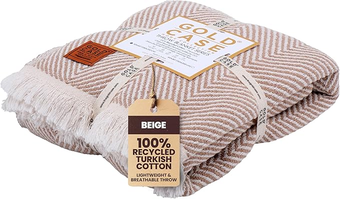 Gold Case Throw Blanket for Couch - 100% Recycled Turkish Cotton Blankets & Throws - Elegant Soft Throw Blankets for Living Room - Boho Decorative Woven Couch Blanket - 60x80 - Beige