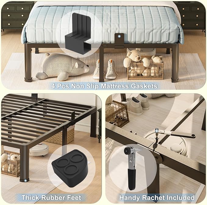 14 inch Full Size Bed Frame with Round Corner Legs Mattress Slide Stopper,3500 lbs Heavy Duty Metal Platform,Steel Slat Support,No Box Spring Needed,Easy Assembly,Noise Free