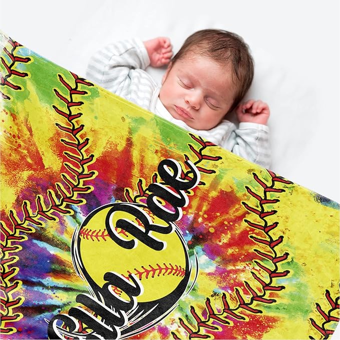 Personalized Softball Kids Blanket with Name and Number - Custom Sport Bed Blankets Gift for 0-3 Months Baby Essential - Super Warm and Comfortable 60x80inch