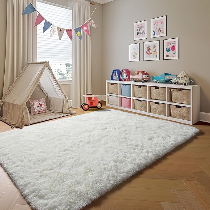ONASAR Cream White 6x9 Area Rugs for Living Room Bedroom, Washable Large Fluffy Bedside Throw Rug, Soft Plush Shaggy Fuzzy Floor Carpet for Nursery Kids Girls Boys Teen Dorm Home Decor Aesthetic
