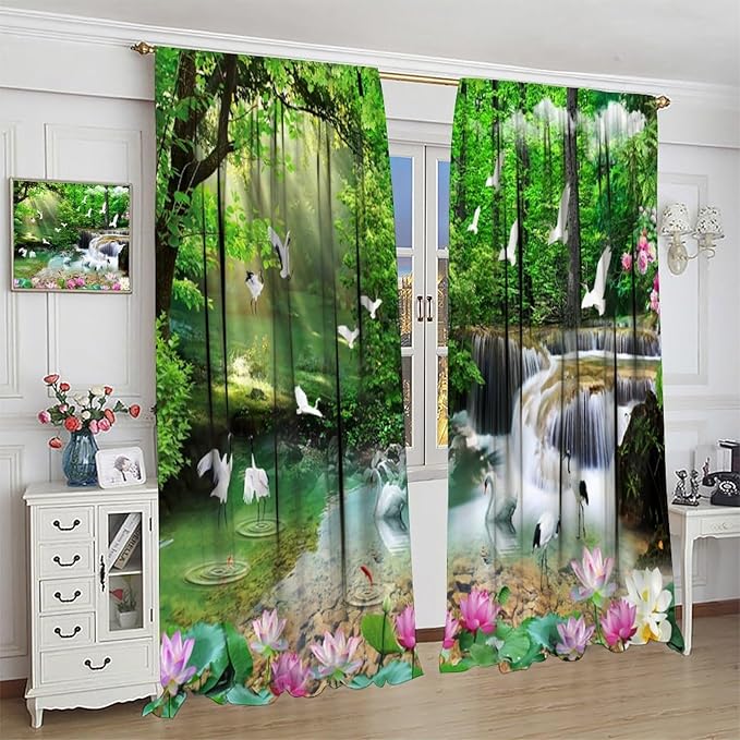 Nature Blackout Curtain, Waterfall Landscape Forest Swan Fish Pattern Rod Pocket Window Drapes, for Bedroom Living Room 84" W X 84" L