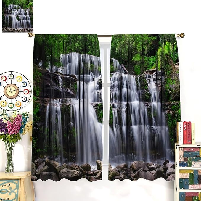 Natural Scenery Blackout Curtains, Spring Rustic Forest Waterfall River Landscape Window Drapes, for Bedroom Living Room 84" W X 84" L