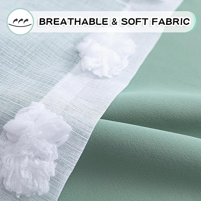MYSKY HOME 90 Inches Long Aqua Curtains for Living Room Nursery Curtains for Bedroom Double Layer Curtains White Pom Pom Sheer Curtains for Dining Room Grommet Room Darkening Window Panels W52 X L90
