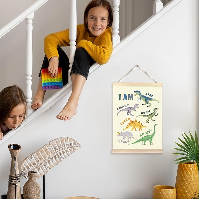 Hiuwevt Inspirational Dinosaur Poster Hanger Frame, Dinosaur Room Decor for Boys, I Am Kind Positive Affirmations Dinosaurs Wall Art Decor for Home Kids Boys Room Nursery, 12x16 Inch